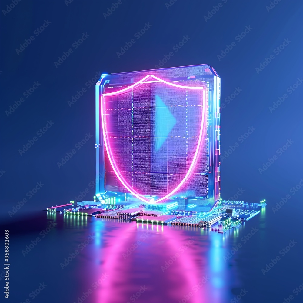 Poster futuristic digital shield hologram on a circuit board representing advanced cybersecurity technology