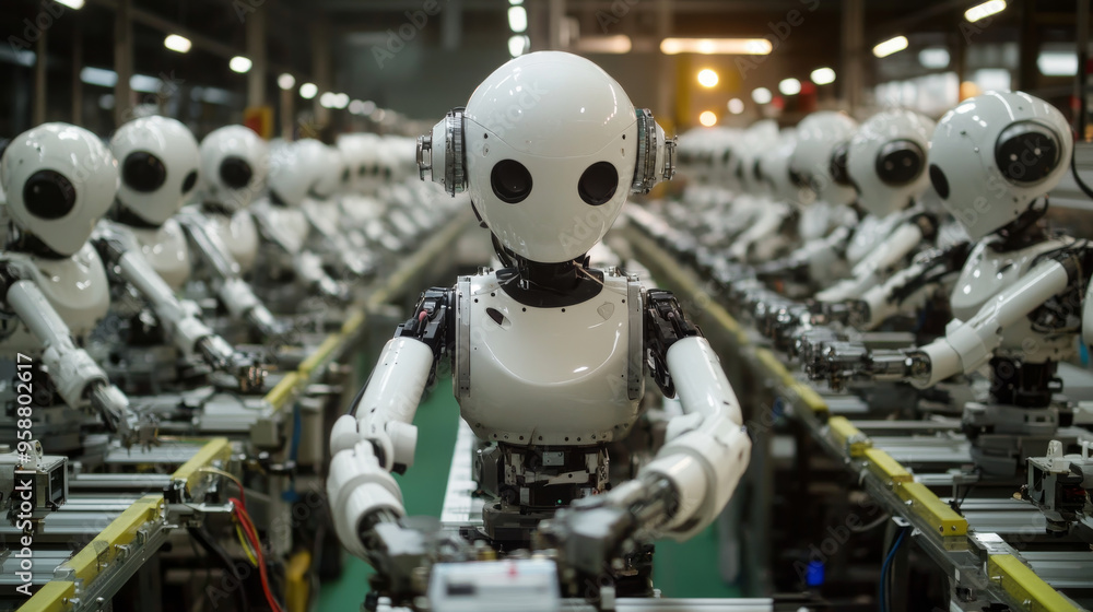Poster robots powered by ai are working in factories. these robots, which look like humans, control robotic