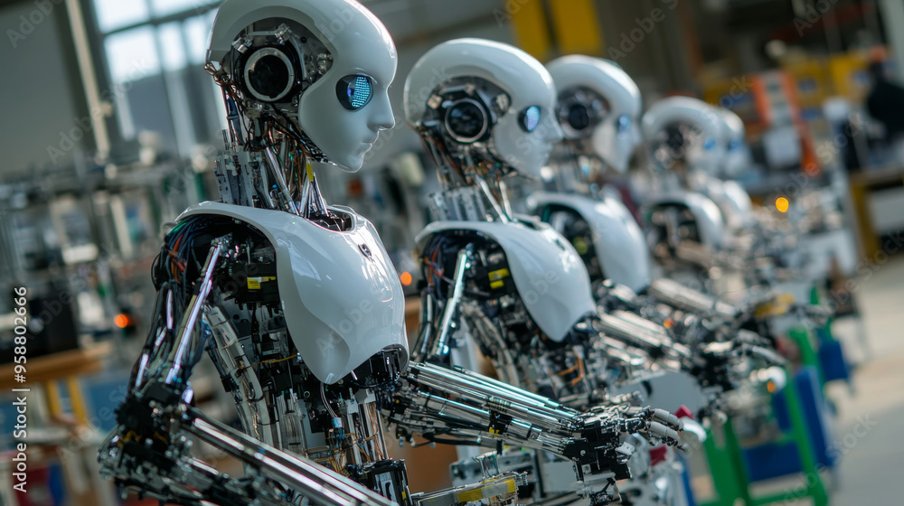 Poster robots powered by ai are working in factories. these robots, which look like humans, control robotic