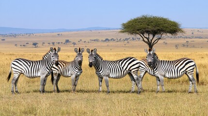 Zebras gather in the savanna, their striking stripes visible against a backdrop of dry grass and distant trees, capturing the beauty of Africa's wildlife
