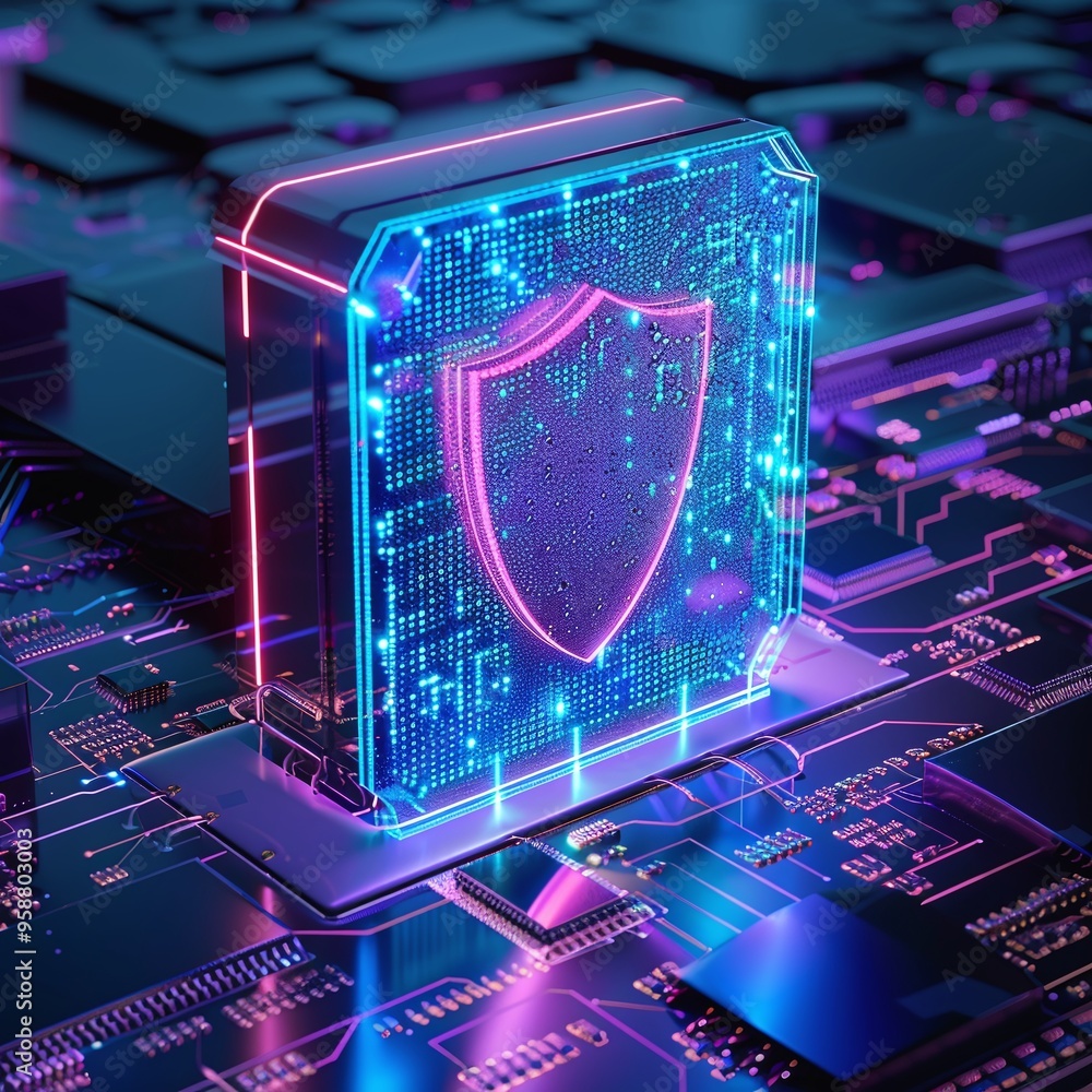 Poster futuristic digital shield illustrating cybersecurity and data protection in a modern computer circui