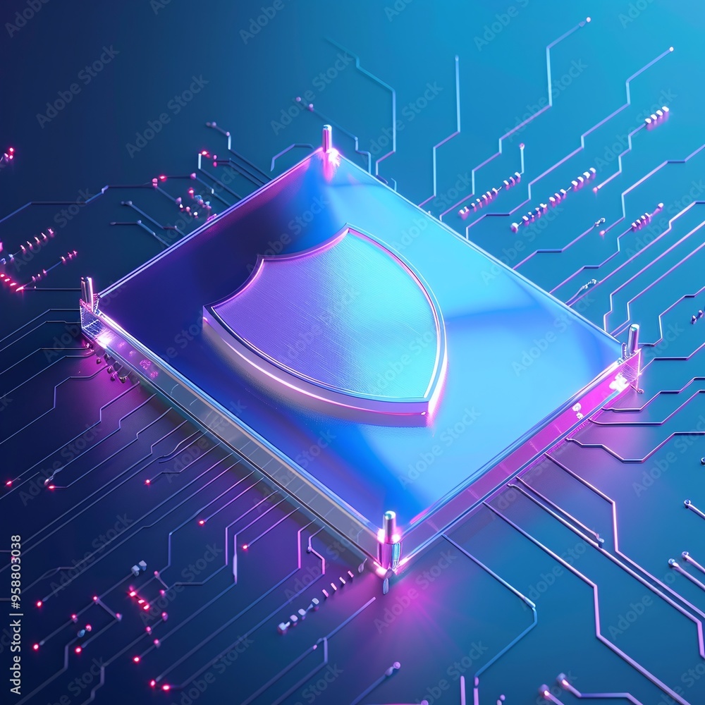 Poster futuristic digital shield on a glowing blue circuit board, representing cyber security and advanced 