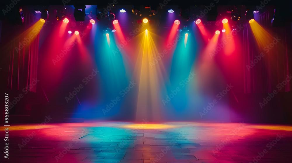 Poster theater stage light background with spotlight illuminated the stage.. empty stage with bright colors