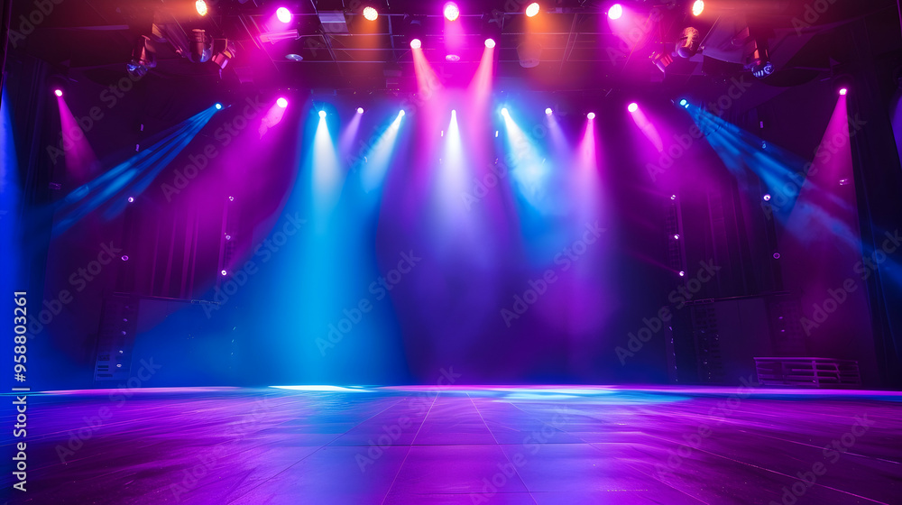 Poster theater stage light background with spotlight illuminated the stage.. empty stage with bright colors