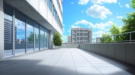 Bright and airy modern terrace with a clear blue sky and urban backdrop.