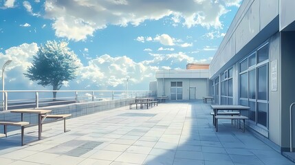 Serene rooftop view with tables under a bright blue sky and fluffy clouds.