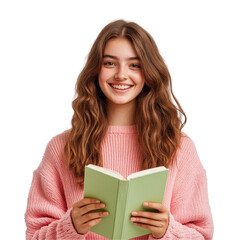 A girl is holding a book and smiling on a transparent background. - obrazy, fototapety, plakaty