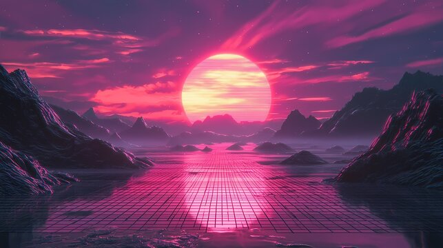 A breathtaking landscape with a vibrant pink sunset over surreal mountains and reflective water.