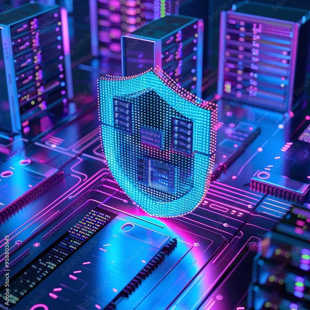 Poster futuristic digital shield protecting server racks in a data center, symbolizing cybersecurity and da