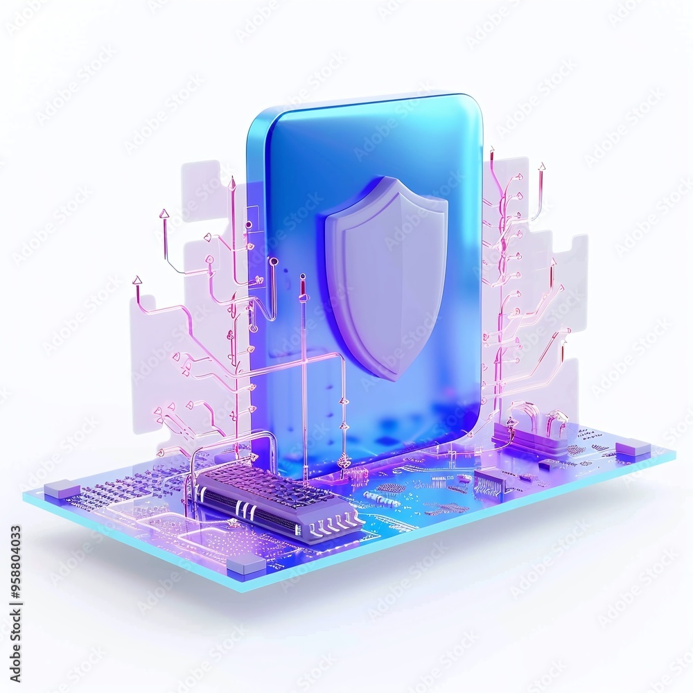 Poster futuristic digital shield representing cybersecurity on a circuit board with interconnected technolo