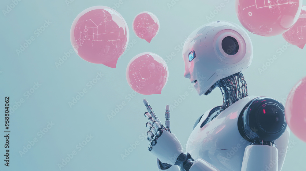 Poster a robot or cyborg holding chat bubbles represents an ai chatbot. this ai chatbot helps users through