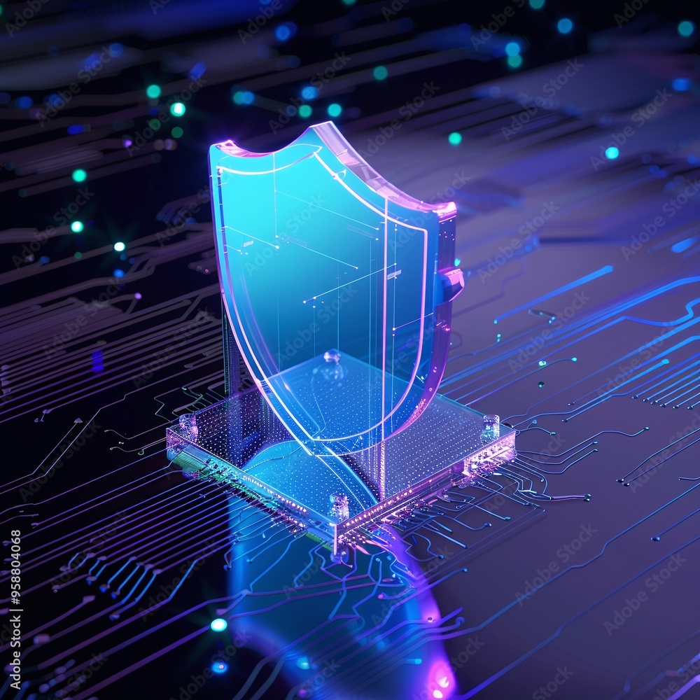 Poster futuristic digital shield representing cybersecurity on a circuit board background with neon lights.