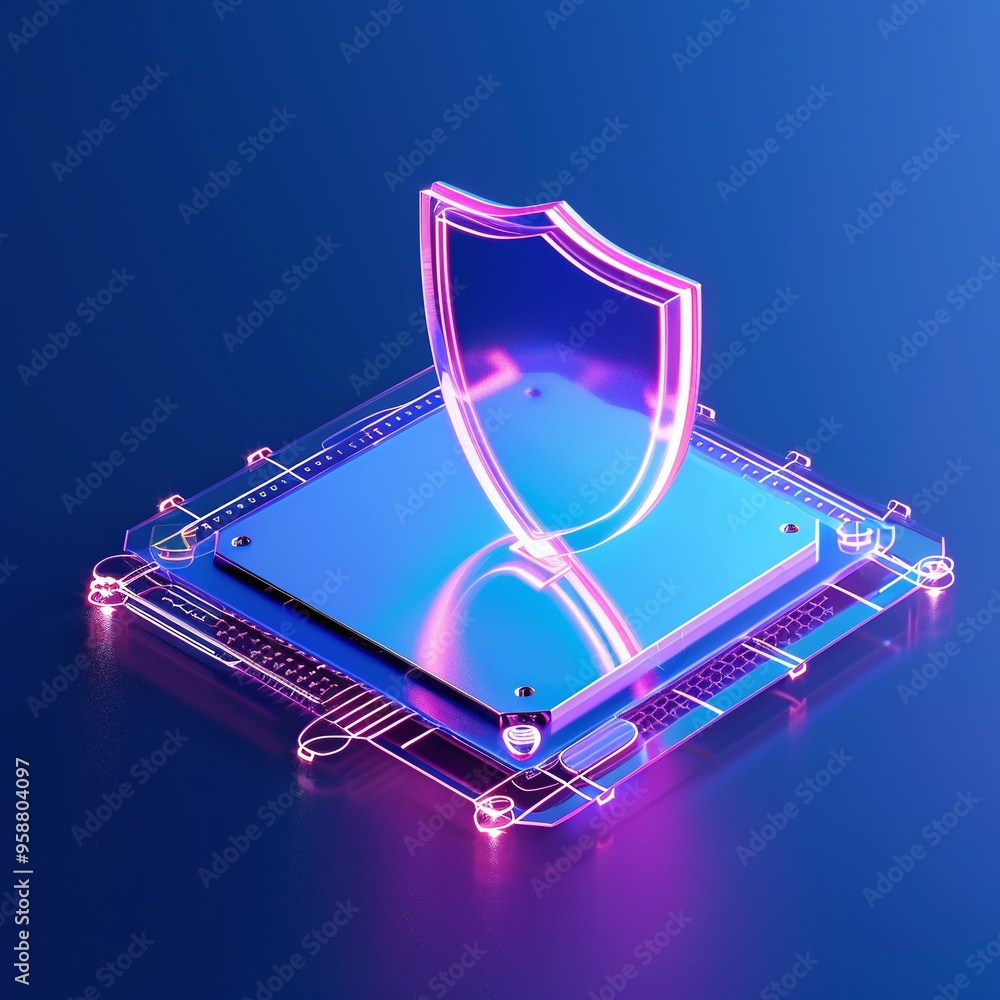 Aufkleber futuristic digital shield symbol on a glowing microchip, representing cybersecurity and advanced tec