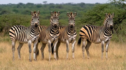 Zebras gather in the savanna, their striking stripes visible against a backdrop of dry grass and distant trees, capturing the beauty of Africa's wildlife
