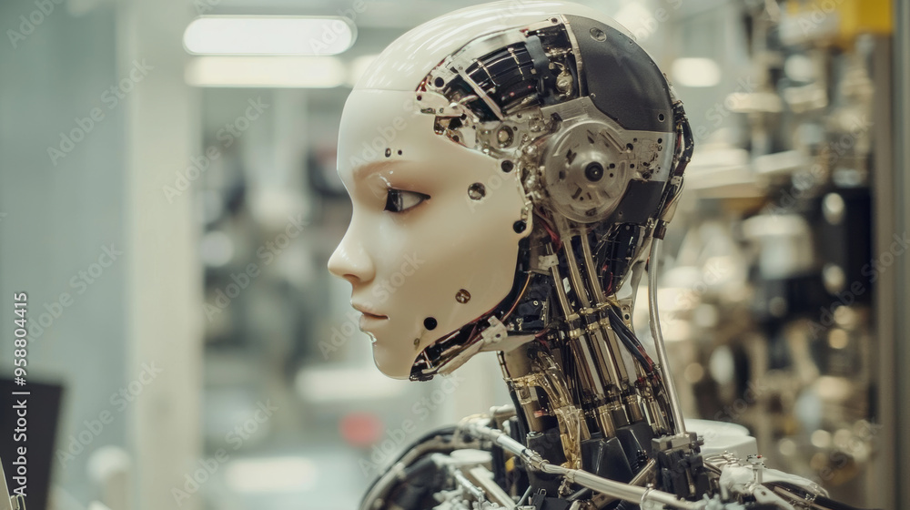 Poster a robot that looks like a woman is working on a factory production line. it's controlled by ai and u