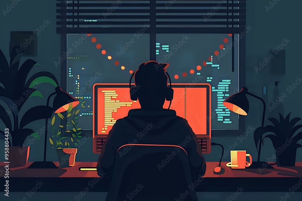 Poster stylized illustration of a programmer working late at night, facing multiple screens with code, whil
