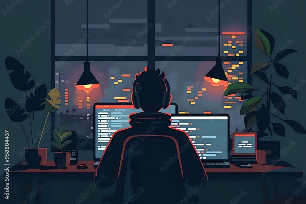 Poster stylized illustration of a programmer working late at night, facing multiple screens with code, whil