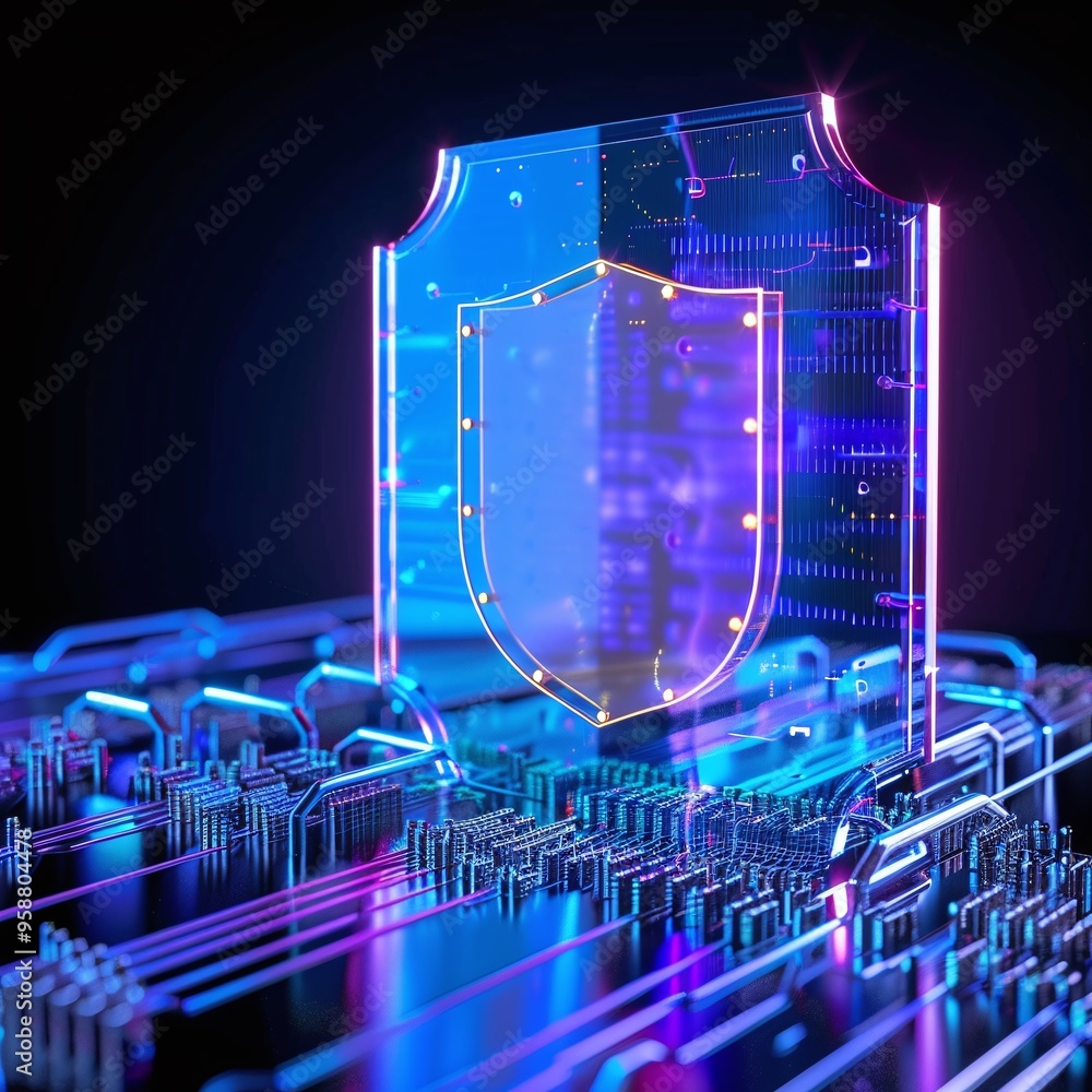 Poster futuristic digital shield symbolizing cybersecurity protection and data encryption on a vibrant circ