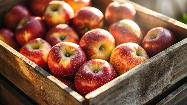 Freshly harvested red apples in rustic wooden crate display