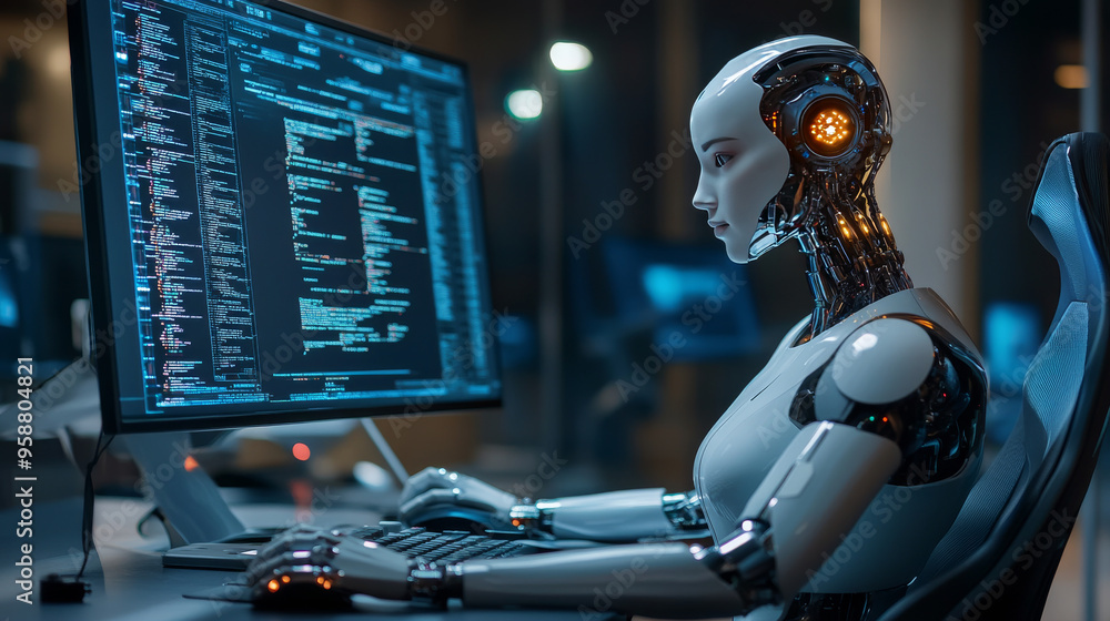 Poster a robot woman, powered by artificial intelligence, sits at a desk working on a computer. she's using