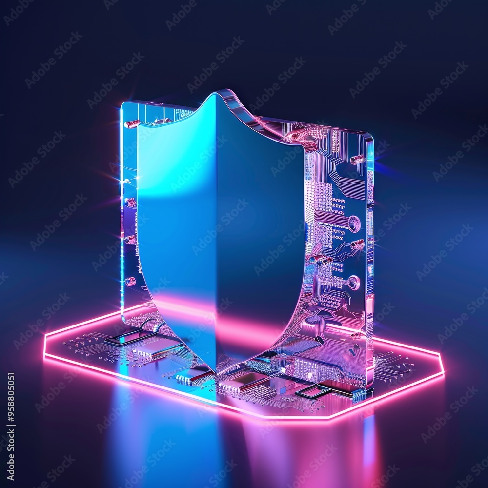 Poster futuristic digital shield with neon lighting, representing cybersecurity and data protection concept