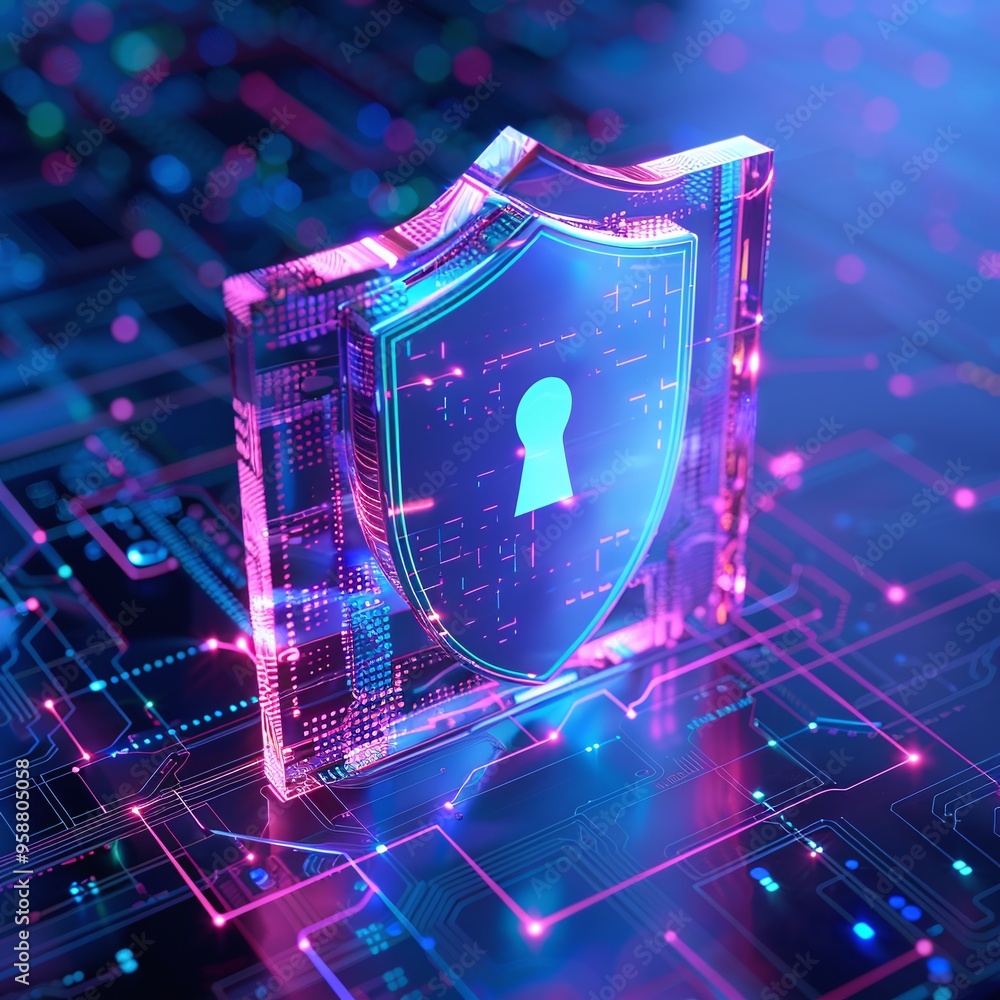 Poster futuristic digital shield with keyhole symbolizing cybersecurity and data protection on a glowing ci
