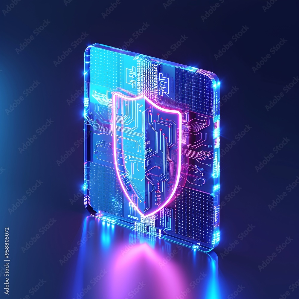 Poster futuristic digital shield with neon lights concept representing cybersecurity and data protection on