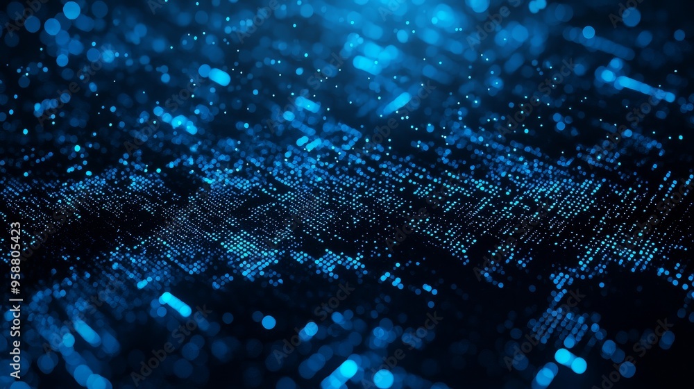 Poster simulation of blue data matrix with futuristic hud screen on black background