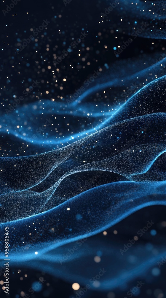 Poster a mesmerizing abstract background featuring flowing blue waves and sparkling particles, perfect for 