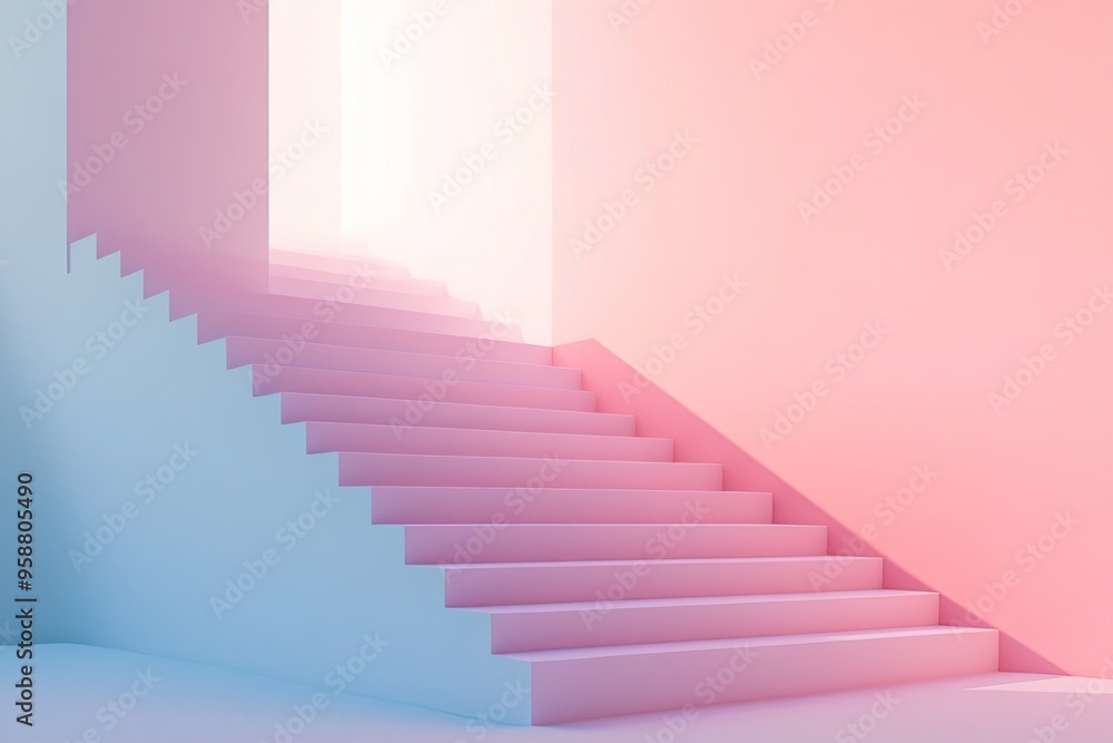 Poster a modern staircase with a gradient of soft pink and blue colors, creating an inviting and serene atm