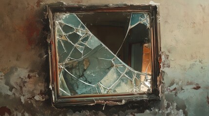 A cracked mirror on a timeworn wall reflects fragments of a dimly lit room, showcasing an interplay of shadows and colors, highlighting the age and neglect