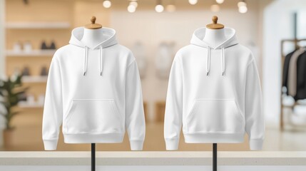 Realistic white hoodie displayed front and back on a mannequin, with a softly blurred clothing store background. Ideal for use in fashion design, retail marketing, or product mockups.