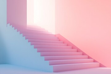 Obraz premium A modern staircase with a gradient of soft pink and blue colors, creating an inviting and serene atmosphere.