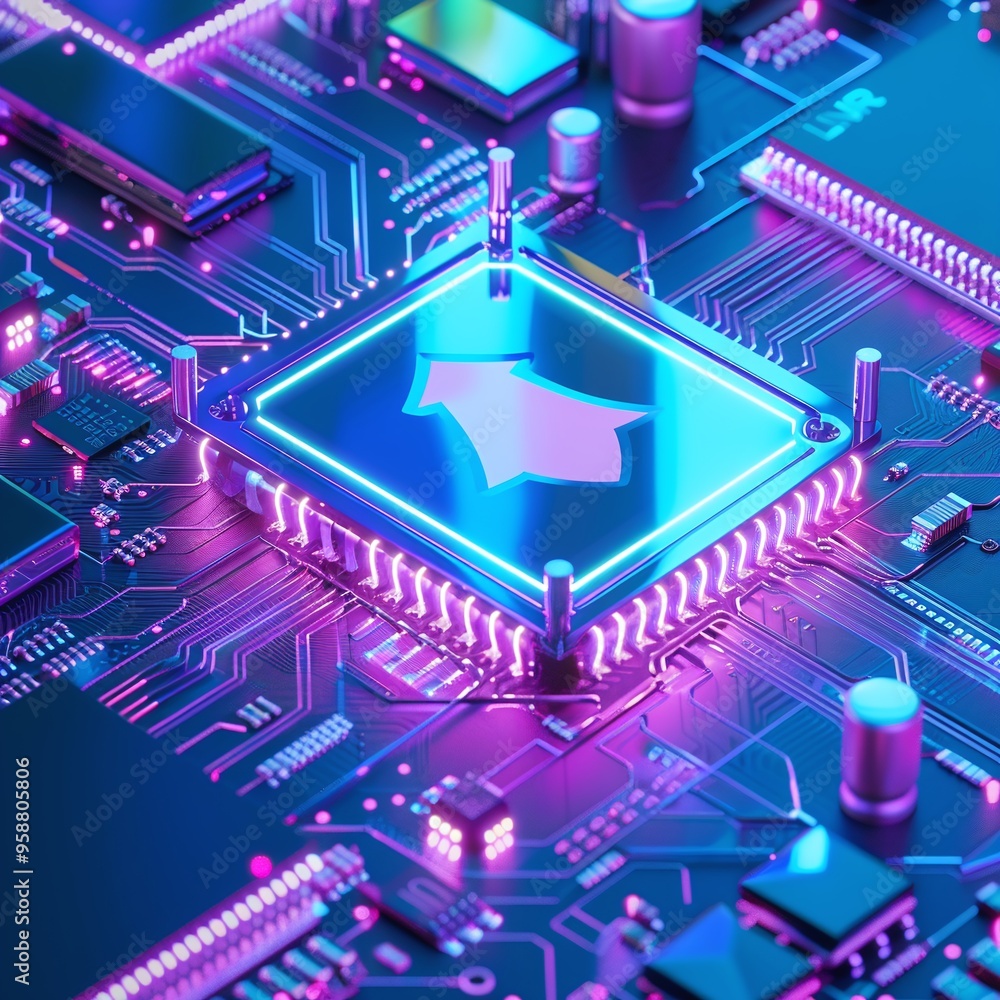 Poster futuristic glowing motherboard circuitry with a glowing central processor unit, showcasing advanced 