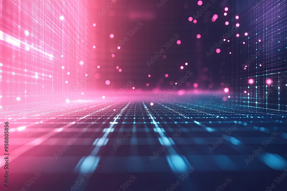 Poster a vibrant digital landscape with glowing lines and particles, creating an immersive abstract backgro