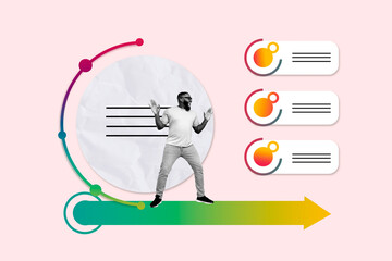Creative abstract collage of happy american guy dance career development arrow career promotion...