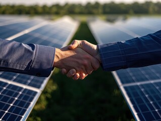Two business professionals shaking hands in a solar energy farm, symbolizing renewable energy partnerships and sustainable business agreements.