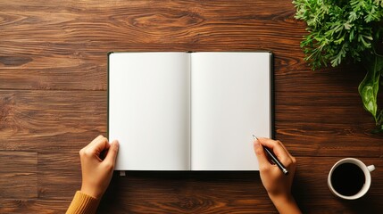Top view of hands holding a pen and writing in an open blank notebook on a wooden desk with a cup of coffee and a plant.