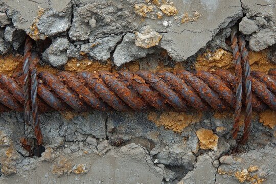 Close-up of a rusty steel cable embedded in cracked concrete, showcasing weathering and deterioration in construction.
