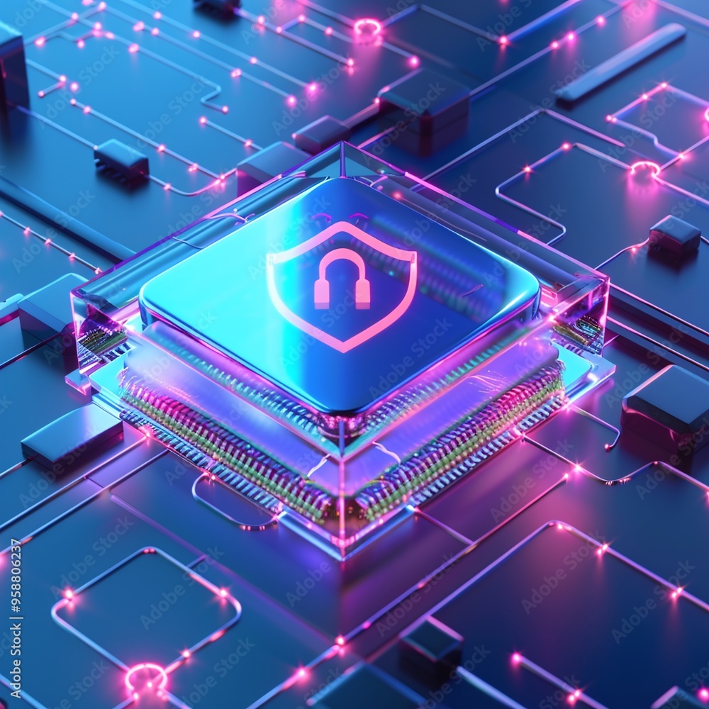 Poster futuristic graphic of a computer chip featuring data security, with neon lights highlighting advance