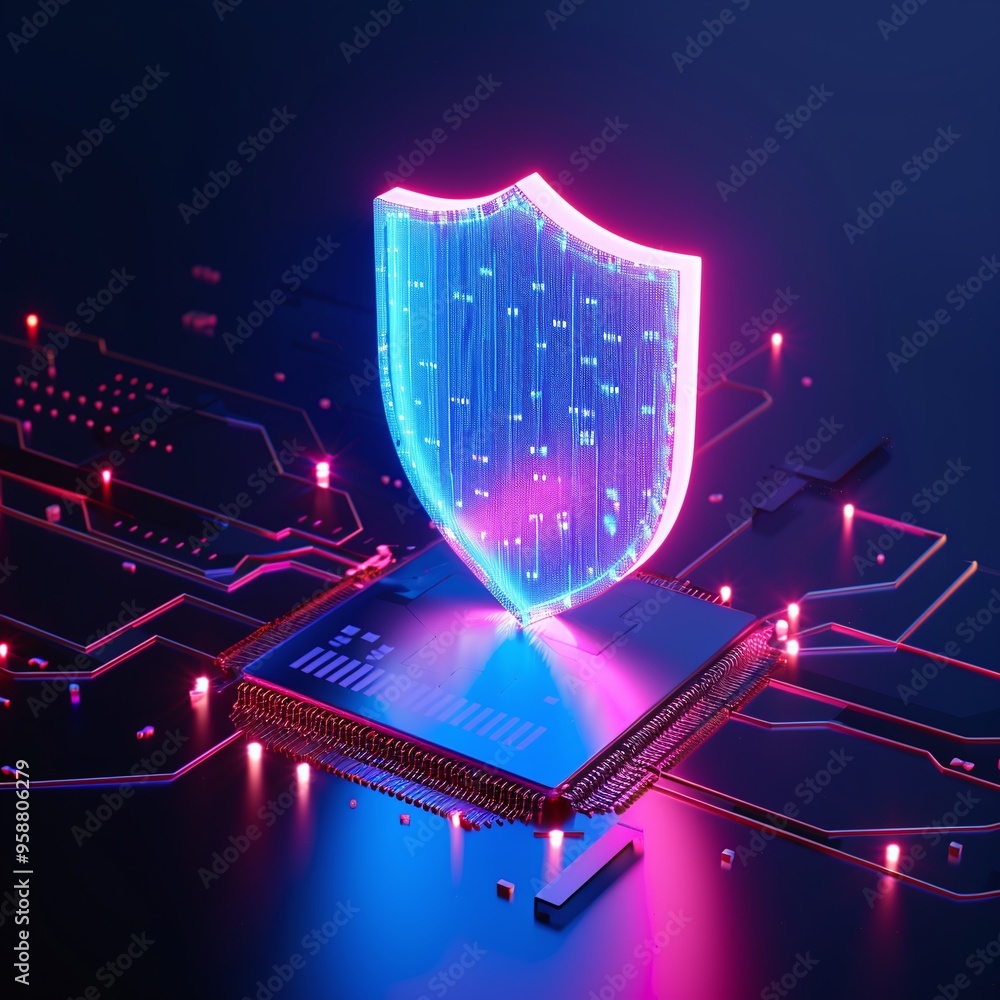 Aufkleber futuristic illustration of cybersecurity shield protecting digital processor on circuit board with n
