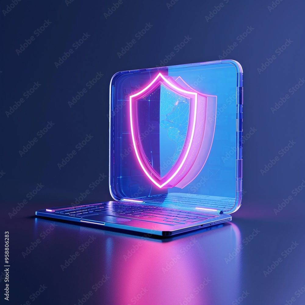 Aufkleber futuristic laptop screen displaying a glowing shield icon, representing cyber security and data prot