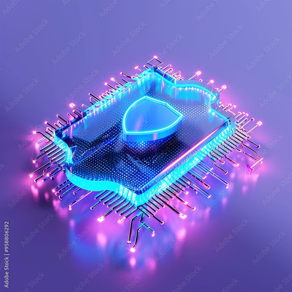 Poster futuristic microchip illustration with glowing pink and blue lights depicting cloud computing techno