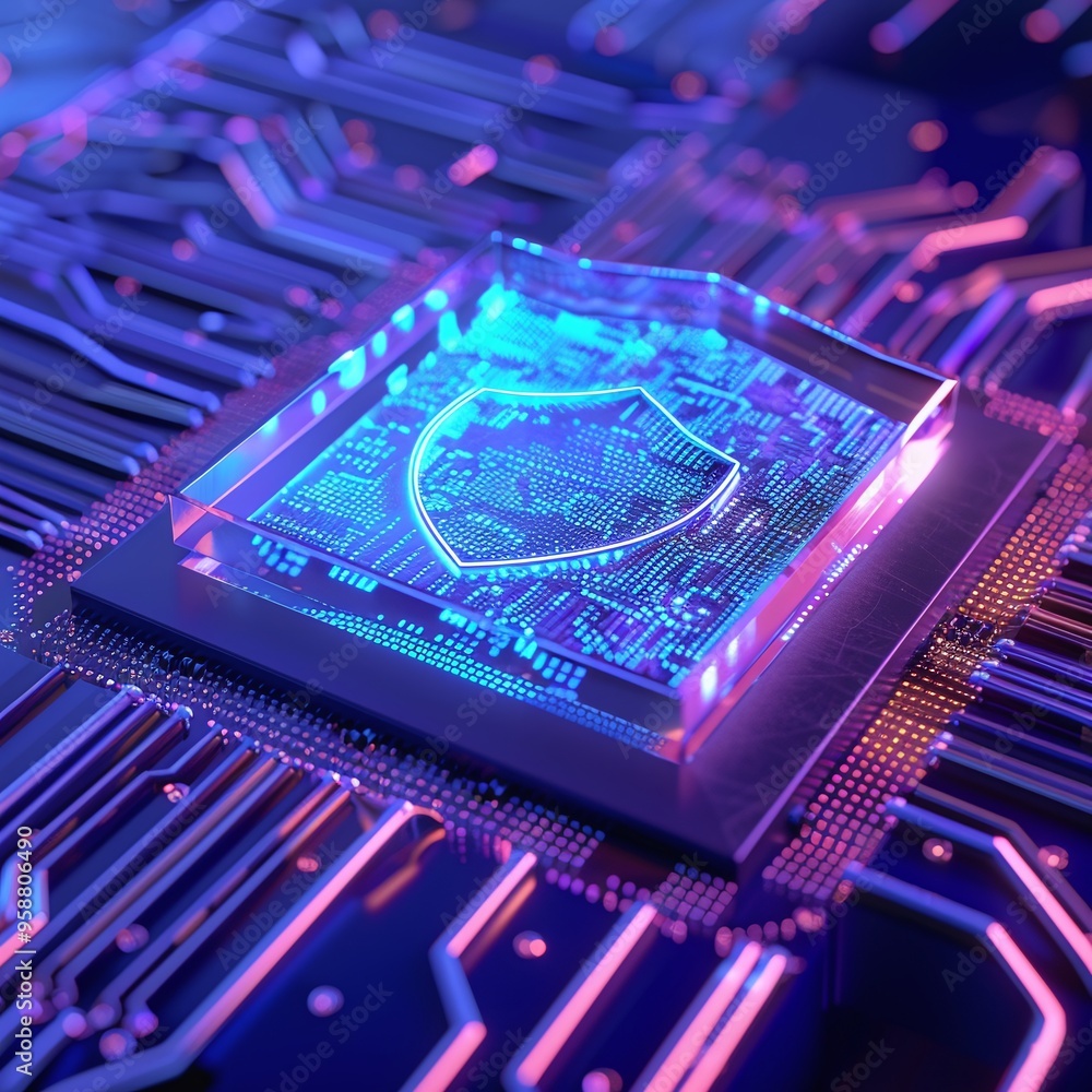 Poster futuristic microchip with a glowing shield symbol, representing cybersecurity and advanced technolog
