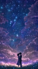 Obraz premium Two lovers share a tender embrace beneath a beautifully starry sky as twilight envelops them, capturing their deep emotions