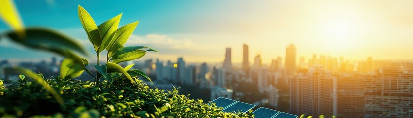 Fototapeta premium Urban nature concept with green plants and modern city skyline under a bright sun, promoting eco-friendly urban development.