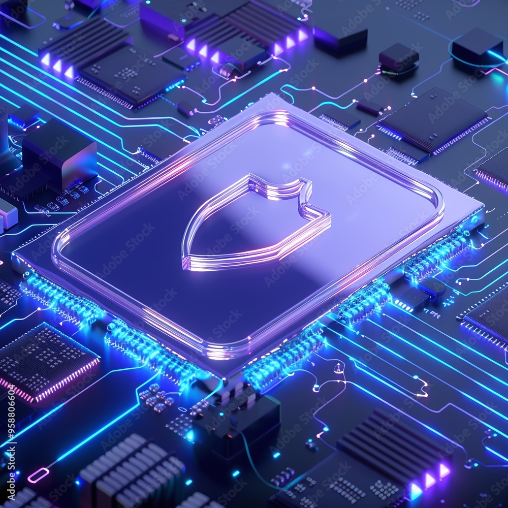 Aufkleber futuristic microchip with cyber security shield symbol, representing technology protection and data 