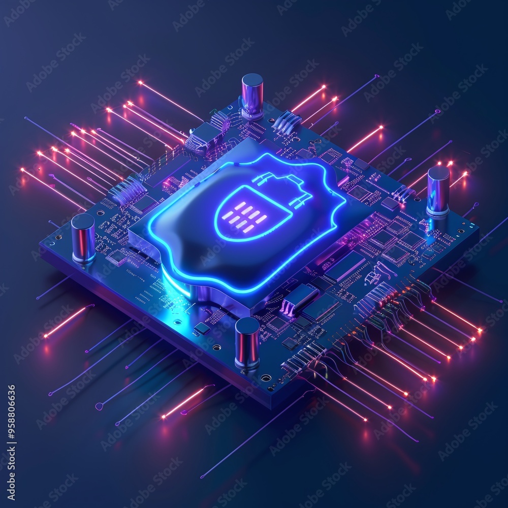Poster futuristic microchip with cybersecurity symbol and neon lights highlighting circuit board pathways, 