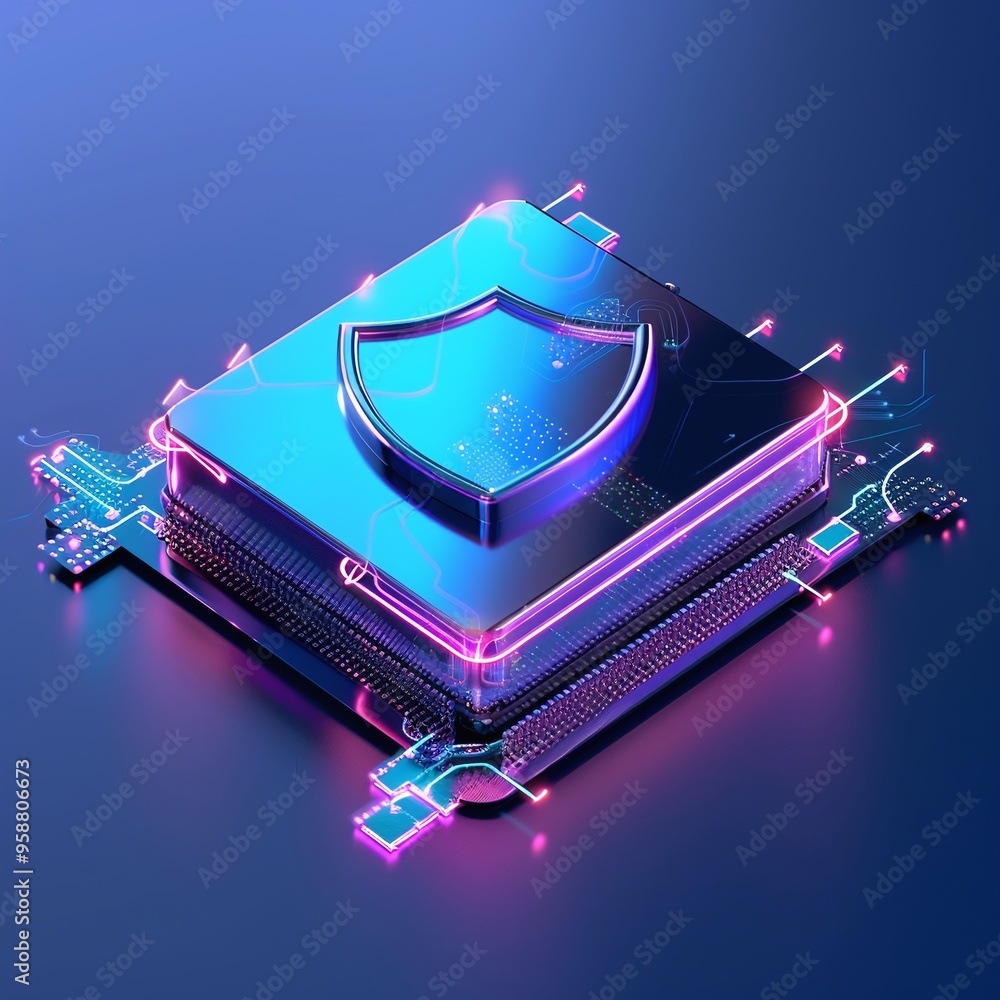 Poster futuristic microchip with glowing circuits and a shield symbol, representing cybersecurity and advan