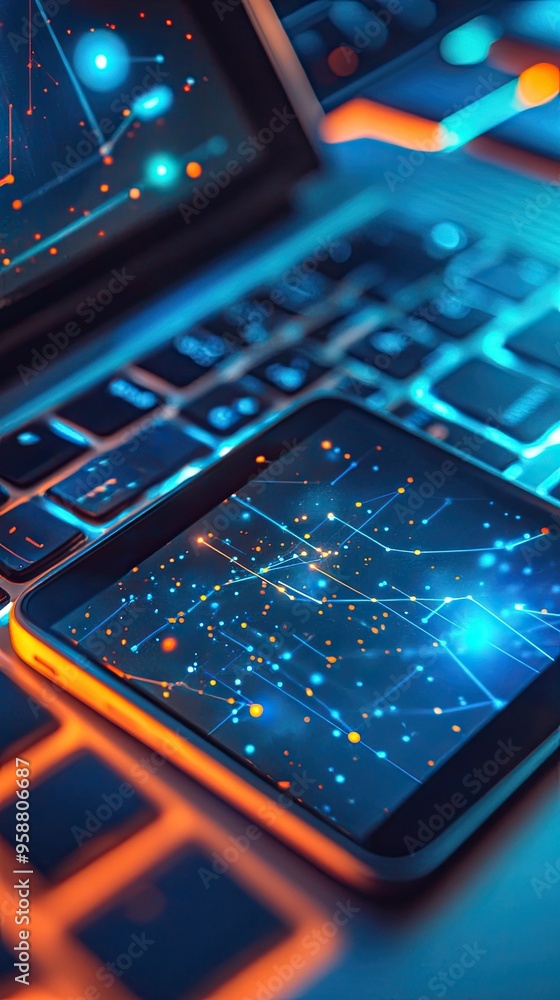 Aufkleber a close-up of a laptop and smartphone displaying a vibrant, cosmic interface with bright patterns an